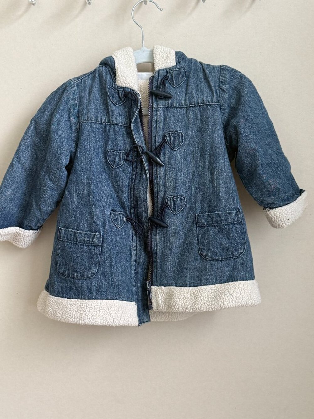 First Impressions Denim Sherpa Hooded Coat Heart Toggle Baby Girl 24 Months